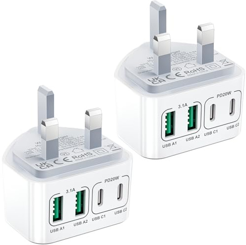 2-Pack USB C Plug Fast Charge, 40W 4-Port USBC Plug UK Multi Wall Charger Head Dual PD Power Adapter +QC Multiport Type C Charging Plugs for iPhone 17 16 15 14 13 12 11 Pro Max Plus, Samsung, iPad