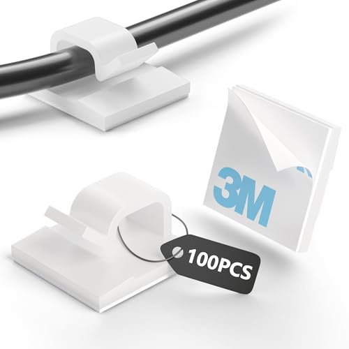 Tesmax 100 soportes para cables autoadhesivos [adhesivo 3M], clips para cables autoadhesivos, para gestión de cables, organizador de cables, fijación de cables, ganchos de alambre, cadena de luces