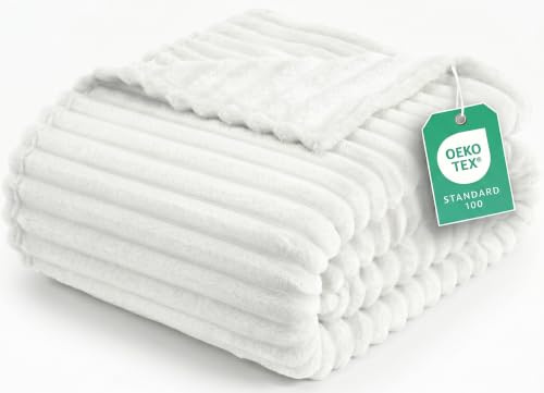 Utopia Bedding Off White Striped Fleece Blanket Queen Size – Fluffy, Warm & Lightweight Ribbed Throw for Bed, Sofa & Chair - Soft Cozy Blanket for Home Décor & Gifting (90x90 Inches)