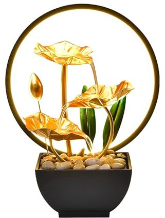 Fuentes de Agua Decorativas Interior, con Forma de Hoja de Loto, con luz LED, de Hierro y Plástico, Ideal para Oficina, Sala de Estar, Decoración del Hogar, Regalo(Gold)