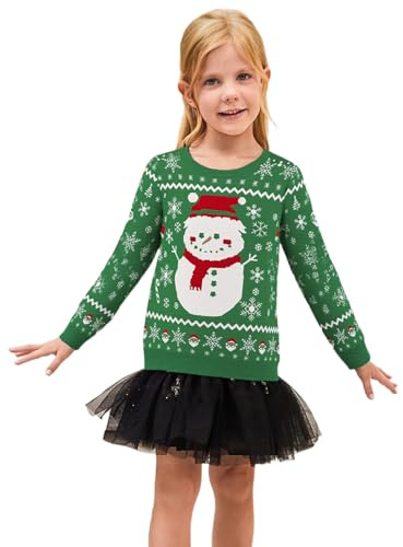 Atforna Jersey de Navidad para familia, conjunto de jersey de punto, cuello redondo, divertido suéter de Navidad con patrón de árbol de Navidad, Muñeco de nieve verde-niño, 8 años