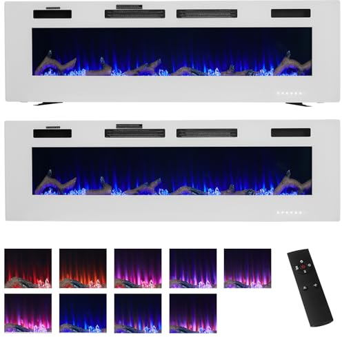BSTSEL 50/60 Electric Fireplace, 750W- 1500W Heater, Freestanding, Wall Mounted, Recessed, Fire Places, 12 Colours Flame Effect with Logs, Over Heat Protection (White, 50 inch)
