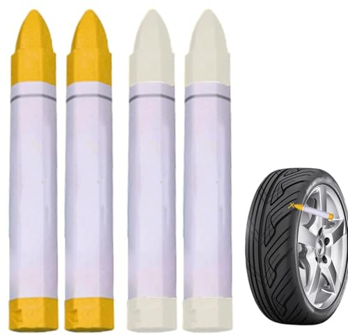 LEMONSTONE 4 Stück Reifenkreide 2 Gelb+2Weiß, Reifenkreide Hohe Kapazität Reifenstift, für Deckende Markierungen auf Dunklen Untergründen, Wasserfester Markierungsstifte für Verschiedene Oberflächen