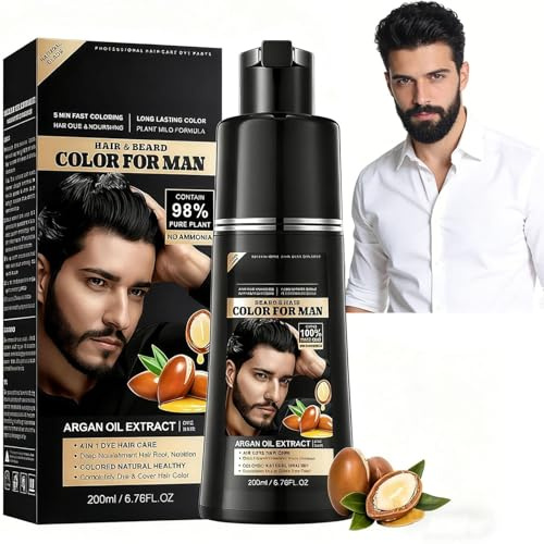 Schwarz Haarfärbeshampoo,4-in-1 Black Hair Dye Shampoo mit Arganöl,Haarfarbe Schwarz für Grauabdeckung,Bart Färben Männer,Pflegendes Hair Dye Shampoo mit Pflanzenhaarfarbe für Männer & Frauen