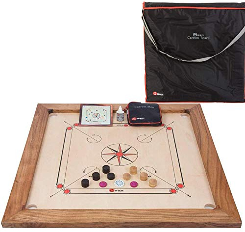 Ubergames Turnier Carrom Board Set 89×89 cm (Spielfläche 74×74 cm) – 12 kg – 12 mm Mango-Spielfläche, 7,5 cm Kikar-Holzrahmen – inkl. Tragetasche, Spielsteine & Striker