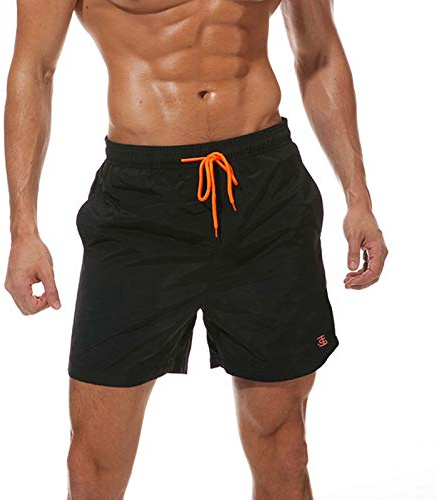 JustSun Men Swimming Shorts with Pockets Swimming Trunks Mens Swim Shorts Summer Waterproof Quick Dry Surf Shorts with Mesh Lining Black XL