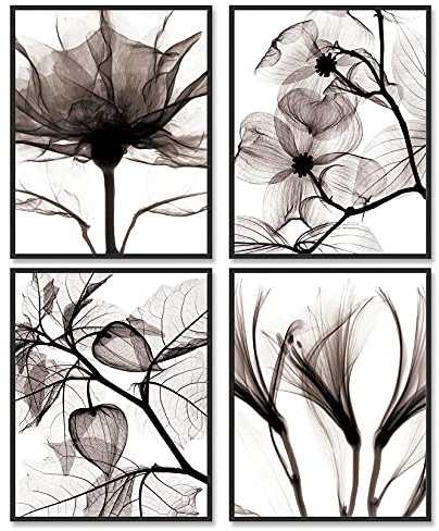 Stampe artistiche da parete in bianco e nero, poster decorativo, 28 x 35 cm, stampe su tela senza cornice, set di 4, stampe botaniche moderne per decorazioni murali