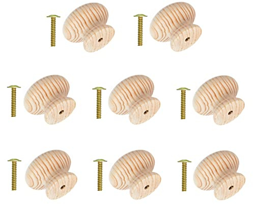TERF® Lot de 8 boutons de porte traditionnels en bois de pin non laqué, 50 mm, poignées pour commode, tiroir, armoire, cuisine, porte avec vis de fixation pour une utilisation à la maison et au bureau