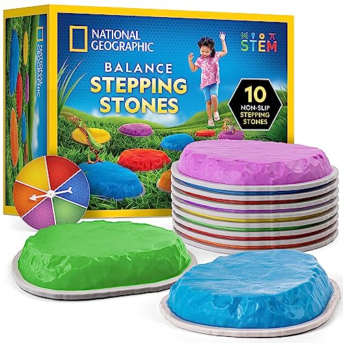 NATIONAL GEOGRAPHIC Stepping Stones for Kids – 10 Durable, Non-Slip Stones Encourage Toddler Balance & Motor Skills, Indoor & Outdoor Toys