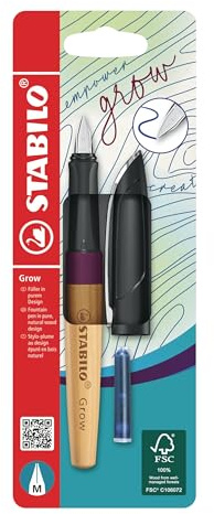 STABILO Grow - Climate-Neutral Fountain Pen - Pack of 1 - Plum Red/Cherry Wood including Blue Ink Cartridge