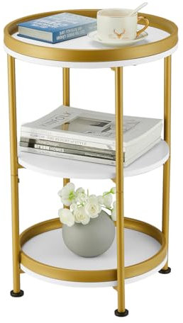YEAKOO Nordic End Table, 3-Tier Round Side Table with Storage Shelf Edge Protection Tray, Sturdy Metal Frame Coffee Table Bedside Table for Living Room Bedroom Small Spaces (White & Gold)