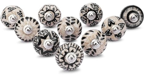 Ajuny Lot de 10 Boutons Décoratifs en Céramique Peints à la Main pour Placard Tiroir Porte et Meubles de Cuisine Salle de Bain Commode Finition Brillante Marron et Noir