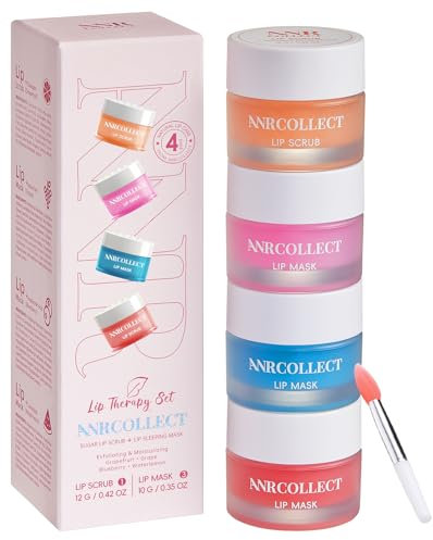 ANRCOLLECT Lippenmaske+ Lip scrub, Lippenpeeling, 4P Lippenpflege Set Mit 3 Lip Sleeping Mask, Lippenmaske Overnight, Lippenbalsam Set FÜR Trockene, Spröde, Rissige Lippen, Feine Linien & Falten