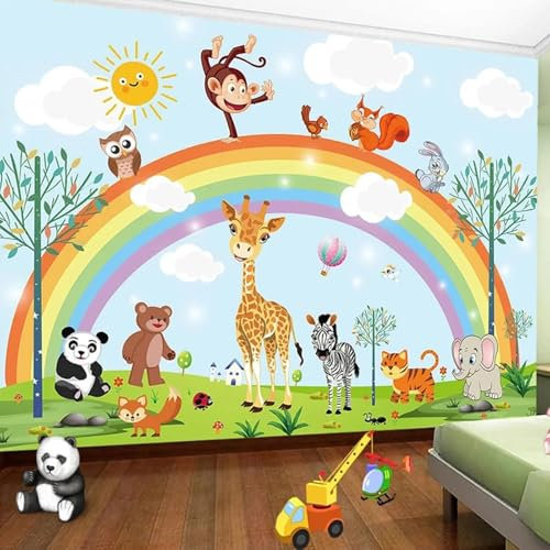 MIXUEXUNLU 3D Cartoon Rainbow Animal Kindergarten Children Baby Room Bedroom Wardrobe Wallpaper Wall Mural Sticker Home Decor
