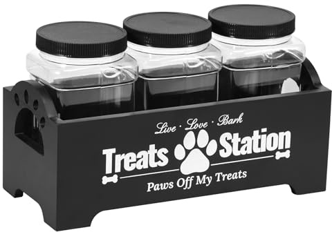 Sutowe Dog Treat Container with 3 Treat Jars, Cute Plastic Dog Food Container with Wooden Holder, Reusable for Dogs/Cats, Black
