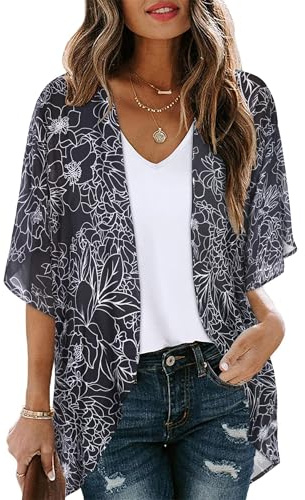 Womens Kimono Cardigan Loose Beach Cover Ups(Black Brief Flowers,L)