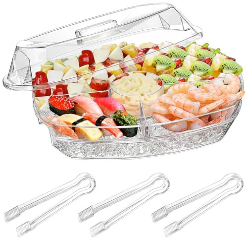 15'' Clear Ice Chilled Party Platter - Divided Serving Tray with Lid, 4 Compartments, Ideal for Cold Chilled Serving, Fruit Trays, Shrimp Cocktail, Parties
