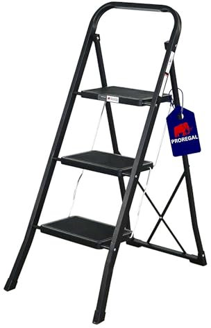 PROREGAL Escabeau Pliant avec Certification TÜV/GS, 3 marches avec Tapis en Caoutchouc antidérapant HxLxP 103x47x70 cm Capacité de Charge 150kg Acier Noir Mat, Marche Pied Pliant, Échelle Domestique