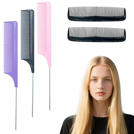 Aiweijia 5PCS Hair Tail Comb Set, Anti Static Rat Tail Combs & Fine Tooth Hairdressing Combs with Stainless Steel Pin, Professional Barber Styling Comb for Women Men Salon Use