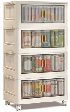 Garvee Cajas de almacenamiento apilables 120L con tapa y ruedas – plegables, puertas frontales, organizador multiusos para armario, dormitorio, baño o cocina – set de 4 unidades – color blanco + negro