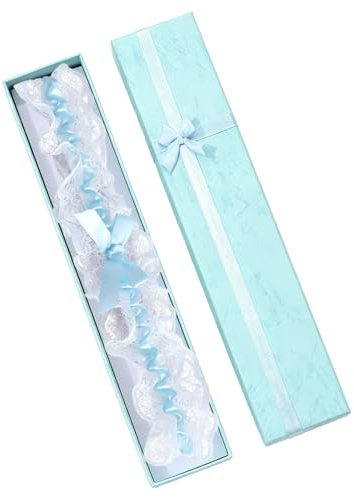 BEZHO Ligas de Novia Azules, Liga de Encaje con Lazo para Boda, Elástica y Suave con Caja de Regalo, Accesorios para Despedida de Soltera y Compromiso (Azul y Blanco)