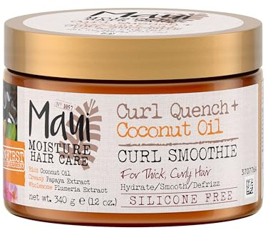 Maui Moisture Curl Quench + Coconut Oil Hydrating Curl Cream Smoothie, Curly Hair Styling Cream with Coconut Oil & Papaya Butter Helps Tame Frizz & Enhance Softness, Silicone Free, 12 oz