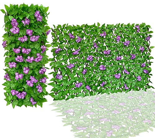 86 York Expandable Fence Privacy Screen Faux Ivy Decorative for Outdoor Garden Wall Patio Balcony, Artificial Hedge Lattice Fencing(Single Sided Leaves) (1, Hydrangea-Purple)