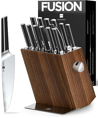 Hanmaster Set Coltelli da Cucina, 14 PZ con Portacoltelli, Acciaio Tedesco X50CrMoV15 Alto Carbonio, Design Salva-Spazio per Cucine Domestiche e Professionali, Nero