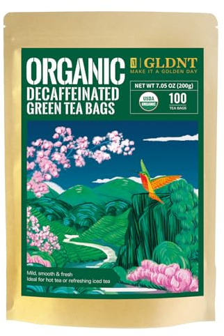 GLDNT Organic Decaf Green Tea Bags, Organic Green Tea Decaffeinated, Smooth Flavor, Super Antioxidant, Iced & Hot Tea, 100 Count