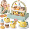 Atoylink 26PCS Wooden Tea Set - Tea Party Set with Wooden Food, Cupcake Stand, Kitchen Accessories - Role Play Toys - Educational Toys for 2-6+ Years Old Girls & Boys