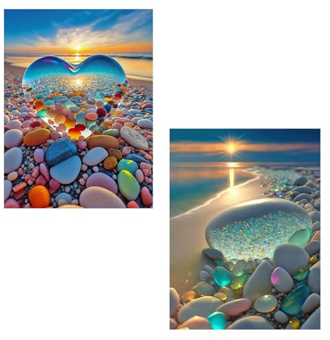 Playa Diamond Painting Kit, 2Pcs Diamond Painting Kit Completo, Corazón Pintura Diamante, Cuadro Diamantes 5D, DIY Diamante Cristal Bordado Pintura, Dibujos con Diamantes para Hogar Muro Decoración