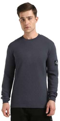 Calvin Klein Camiseta de Manga Larga Hombre Badge Waffle de algodón, Azul (India Ink), S