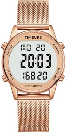 TIMEURE Women's Step Counter Pedometer Watch with Stainless Steel Bracelet, Stylish Design, No App, No Charging Needed for Step, Calorie, Distance Tracking, Alarm, Countdown Timer, TU-2401 (Rose Gold)