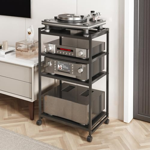 BAYTEWJX 3/4 Livelli Armadio Audio HiFi Rack Rack Audio Mobile con Ruote Universali Audio AV Tower Media Stand Mobile Stereo HiFi Rack HiFi Aperto Multifunzione per Soggiorno Ufficio.(50x35.1x88cm)