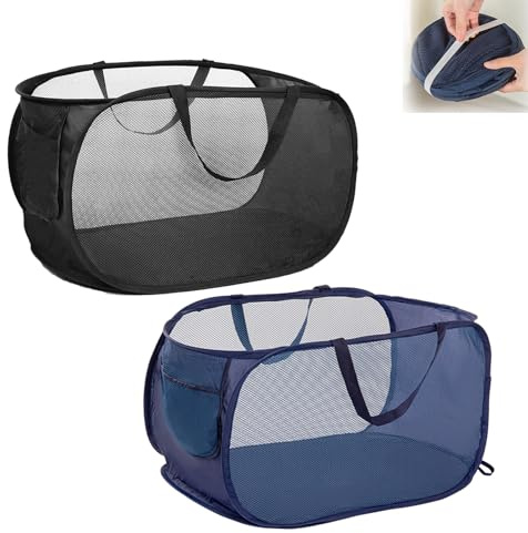 2 PCS Collapsible Laundry Baskets, Large Folding Washing Basket with Side Pockets Pop Up Foldable Clothes Basket with Reinforced Carry Handles for Laundry, Bathroom (Black, Navy Blue)