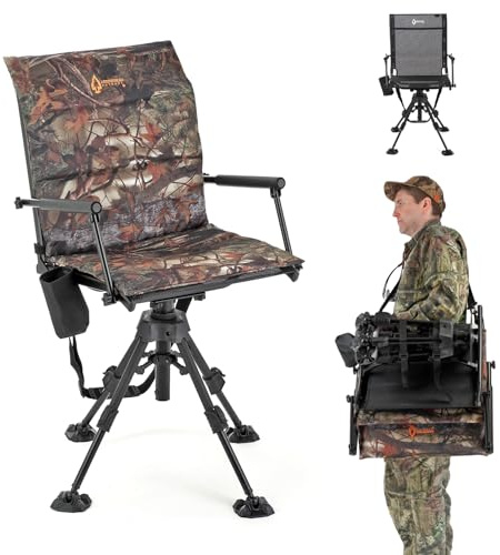 ARROWHEAD OUTDOOR Wide Folding 360° Hunting Swivel Blind Chair with Removable Camouflage Seat Pad, Armrest, No-Sink Feet, Shoulder Strap, Mesh Chair, Adjustable Height