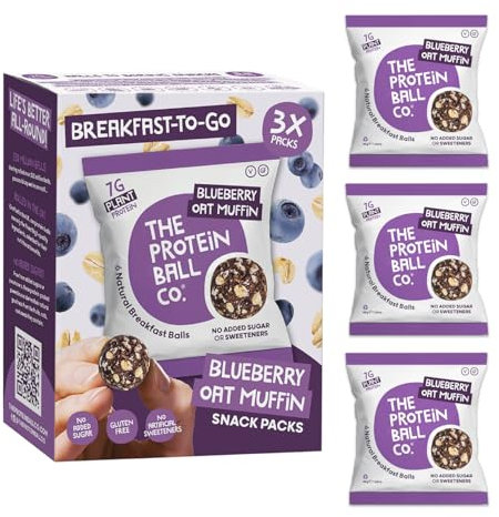 Protein Balls Blueberry Oat Muffin Flavour by The Protein Ball Co- Pack of 18 Breakfast Balls - 100% Natural Plant Based Vitamin Enriched - 3x45g Bags - High Fibre Gluten Free No Artificial Sweeteners
