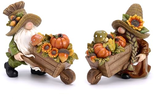 Valery Madelyn Autumn Decorations, Lovely Set of 2 Medium Fall Gonks Ornaments with Harvest Cart, Waterproof Resin Halloween Decor for Gonks Gifts, Fall Decor for Living Room, Bedroom, Garden 10CM