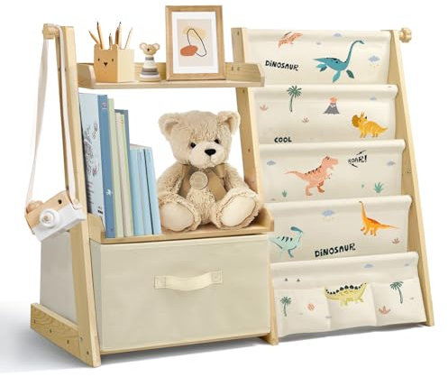 wooshwa Bücherregal Kinder Kinderzimmer Spielzeug Aufbewahrung mit 4 Regalebenen & Aufbewahrungsbox, Kinderregal Kinder Bücherregal für Regal kinderzimmer Spielzeug-Organizer - Dinosaurier