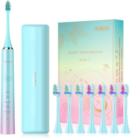 YUNCHI Elektrische Zahnbürste, Schallzahnbürste für Erwachsene & Kinder - 40000 VPM, USB-C Aufladbar, 5 Putzmodi mit Intelligente Merkfunktion, 8 Bürstenköpfe + Reiseetui, Blau