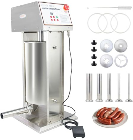 Hakka 15L Electric Sausage Stuffer Machine, 30lb Commercial Sausage Maker Machine with 4 S/S Funnels Automatic Stainless Steel Vertical Sausage Filling Maker