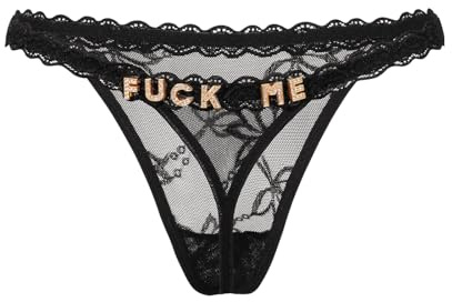 mini kitty Sexy Thongs for Women Funny Underwear with Gold Rhinestones Special Word See Through Low Rise Panties Lace G-String Bikini Briefs Naughty Underpants