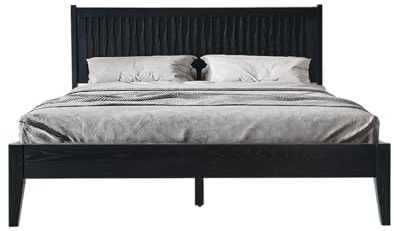 Queen Size Platform Bed Frame, Solid Wood Headboard & Footboard, 12 Sturdy Slatted Structure, Center Metal Legs, No Box Spring Needed, Anti-Noise & Slip-Free, Easy Assembly, Ebony Oak Finish OLQ-35