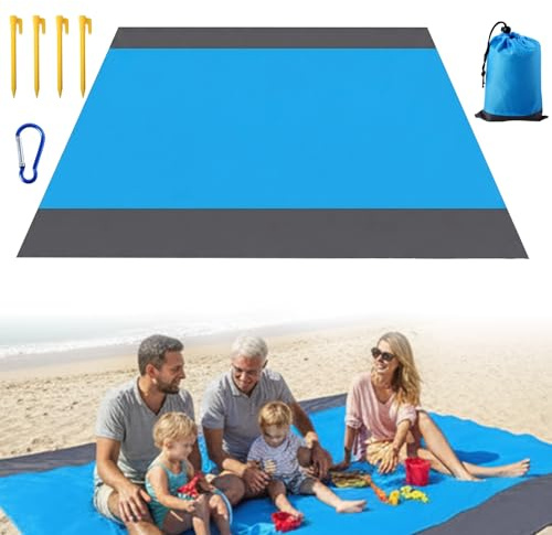 JiaQuenWex Beach Blanket - 210x200CM Sandproof Quick-Dry Beach Mat, Waterproof Picnic Blanket with 4 Stakes, Lightweight Camping Accessories for Outdoor Trips