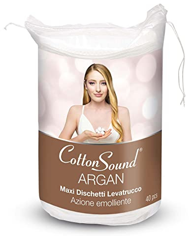 COTTON SOUND Argan Maxi Lot de 40 disques démaquillants 100% coton avec microcapsules d'argan, action émolliente, côté lisse et côté gaufré, fabriqué en Italie