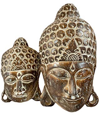 My Family House Buddha Face Mask - Gold & White Wood Hand Carved Wall Hanging Brown - 40 cm