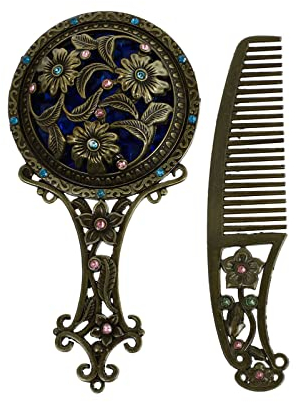 Espejo de mano vintage con mango y peine – Espejo de maquillaje antiguo para maquillaje, cuidado de la piel y diseño de peinado, espejo cosmético portátil para viajes y uso diario