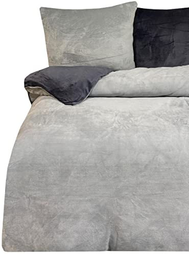 T&Y Trade 4 TLG Winter Thermofleece Wende Plüsch Thermo Fleece Nicky Wende Bettwäsche 135x200 cm Flausch Cashmere Touch weich kuschelig warm Teddy Plüsch Uni GRAU