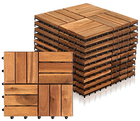 Yakimz 30 x 30 cm Holzfliesen aus Akazienholz, Anti-Rutsch-Bodenbelag, 11er Terrassenfliese, 1m² Bodenbelag Drainage Klicksystem Terrasse Balkon Garten, Braun