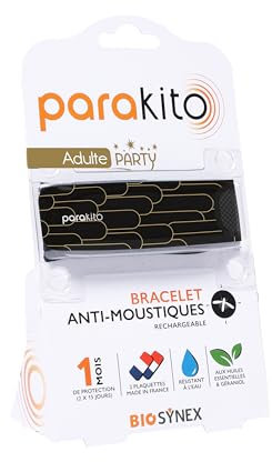 BIOSYNEX - PARAKITO - Bracelet Anti-Moustiques Rechargeable - 2 Recharges Incluses - 1 Mois d'Utilisation - Sans DEET - Motif Doré Party Tubes - Taille Adulte